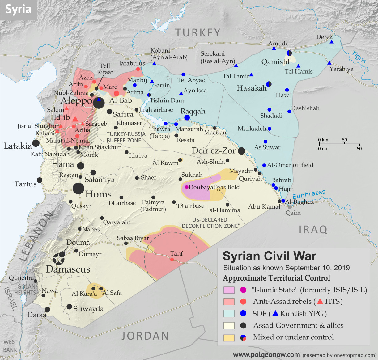 Map of Syrian Civil War (Syria control map): Territorial control in Syria in September 2019 (Free Syrian Army rebels, Kurdish YPG, Syrian Democratic Forces (SDF), Hayat Tahrir al-Sham (HTS / Al-Nusra Front), Islamic State (ISIS/ISIL), and others). Includes US deconfliction zone and Turkey-Russia demilitarized buffer zone, plus locations of conflict and territorial control changes, including Khan Shaykhun, Kabani, Morek, and more. Colorblind accessible.