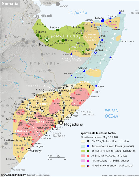 Who controls Somalia? Map (May 2020). With states, regions, and territorial control. Best Somalia control map online, thoroughly researched, detailed but concise. Shows territorial control by Federal Government of Somalia (FGS), Al Shabaab, so-called Islamic State (ISIS/ISIL), separatist Somaliland, and autonomous states Puntland and Galmudug, plus boundaries of federal states Jubaland, South West, and Hirshabelle. Now labels state capitals and disputed boundaries between Somaliland and Puntland. Updated to May 20, 2020. Colorblind accessible.