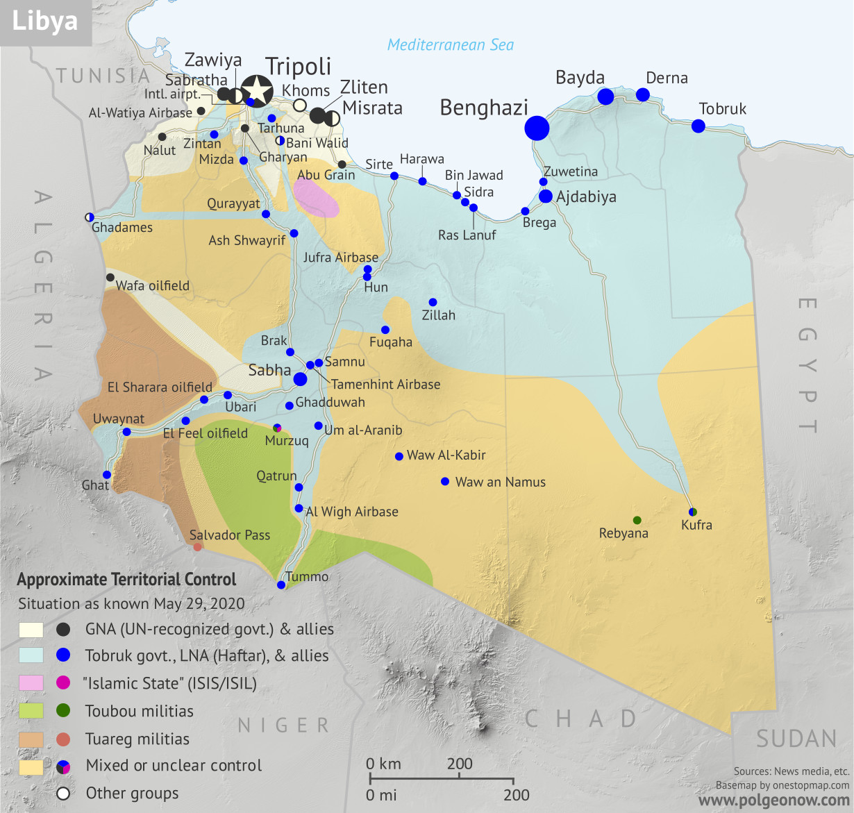 Libya: Who controls what? A concise, professional map of who controls Libya now (May 2020). Shows detailed territorial control in the Libyan Civil War as of May 29, 2020, including all major parties (Government of National Accord (GNA); Tobruk House of Representatives, General Haftar's Libyan National Army (LNA), and allies; Tuareg and Toubou (Tebu, Tubu) militias in the south; and the so-called Islamic State (ISIS/ISIL)). Includes terrain, major roads, and recent locations of interest including Al-Watiyah Airbase, Tarhuna, Mizda, and more. Colorblind accessible.