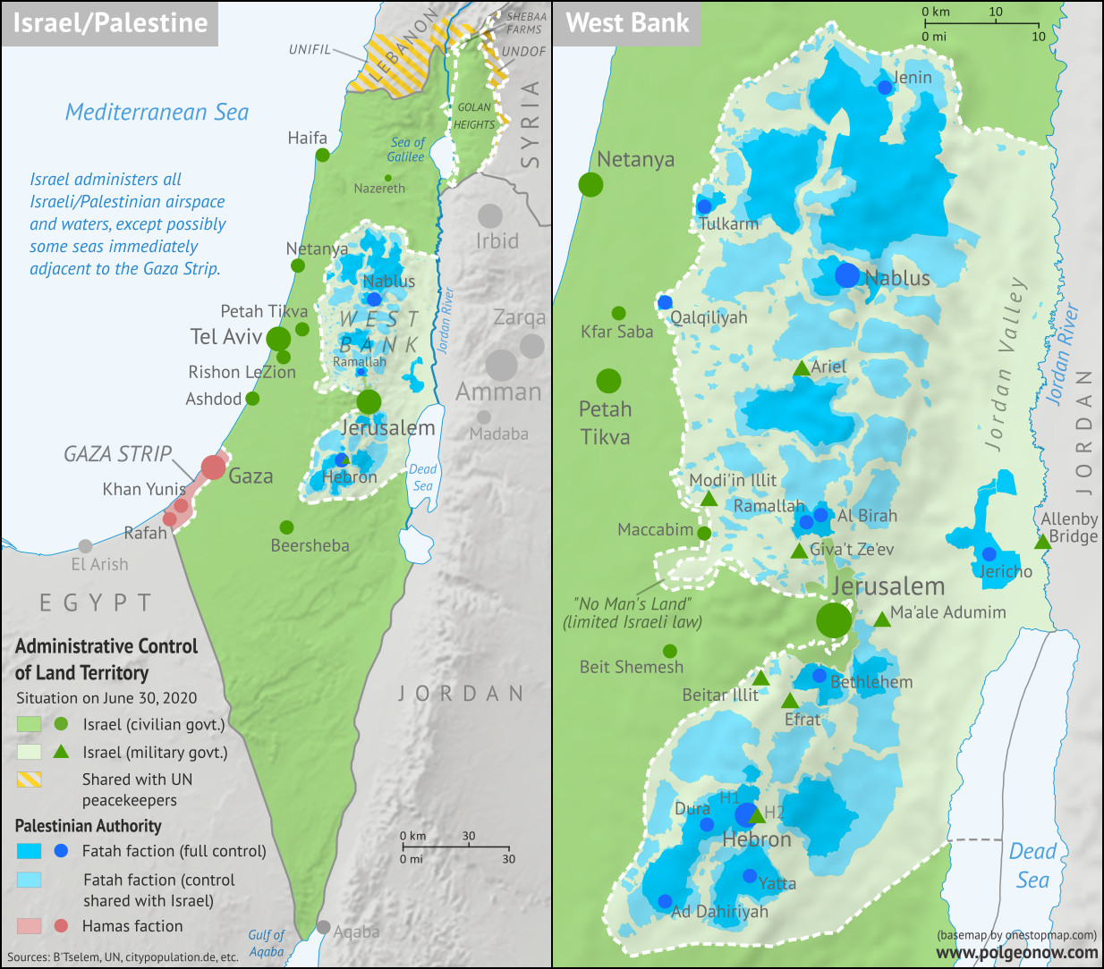 Who controls Palestine and Israel's claimed territories today (June 30, 2020), just before Israel's planned annexation of parts of the West Bank? Also file under: Palestine controlled area map. Includes bigger West Bank map (Areas A, B, C). Map also includes Gaza Strip, Golan Heights, major cities and Israeli settlements, UN peacekeeper deployments (UNIFIL and UNDOF), no man's land, Golan Heights buffer zone (area of separation, AOS), and Shebaa Farms. Colorblind accessible.