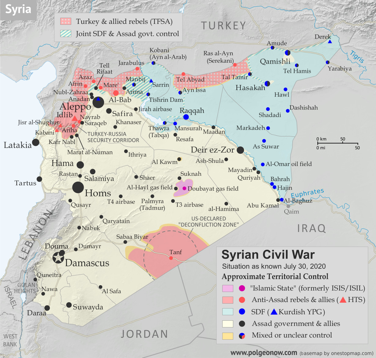 Syrian Civil War map: Territorial control in Syria in late July 2020 (Free Syrian Army rebels, Kurdish YPG, Syrian Democratic Forces (SDF), Hayat Tahrir al-Sham (HTS / Al-Nusra Front), Islamic State (ISIS/ISIL), and others). Includes Turkish/TFSA control, joint SDF-Assad control, US deconfliction zone, and Turkey-Russia security corridor, plus recent locations of conflict and territorial control changes, including Suknah, Abu Kamal, Idlib, and more. Colorblind accessible.