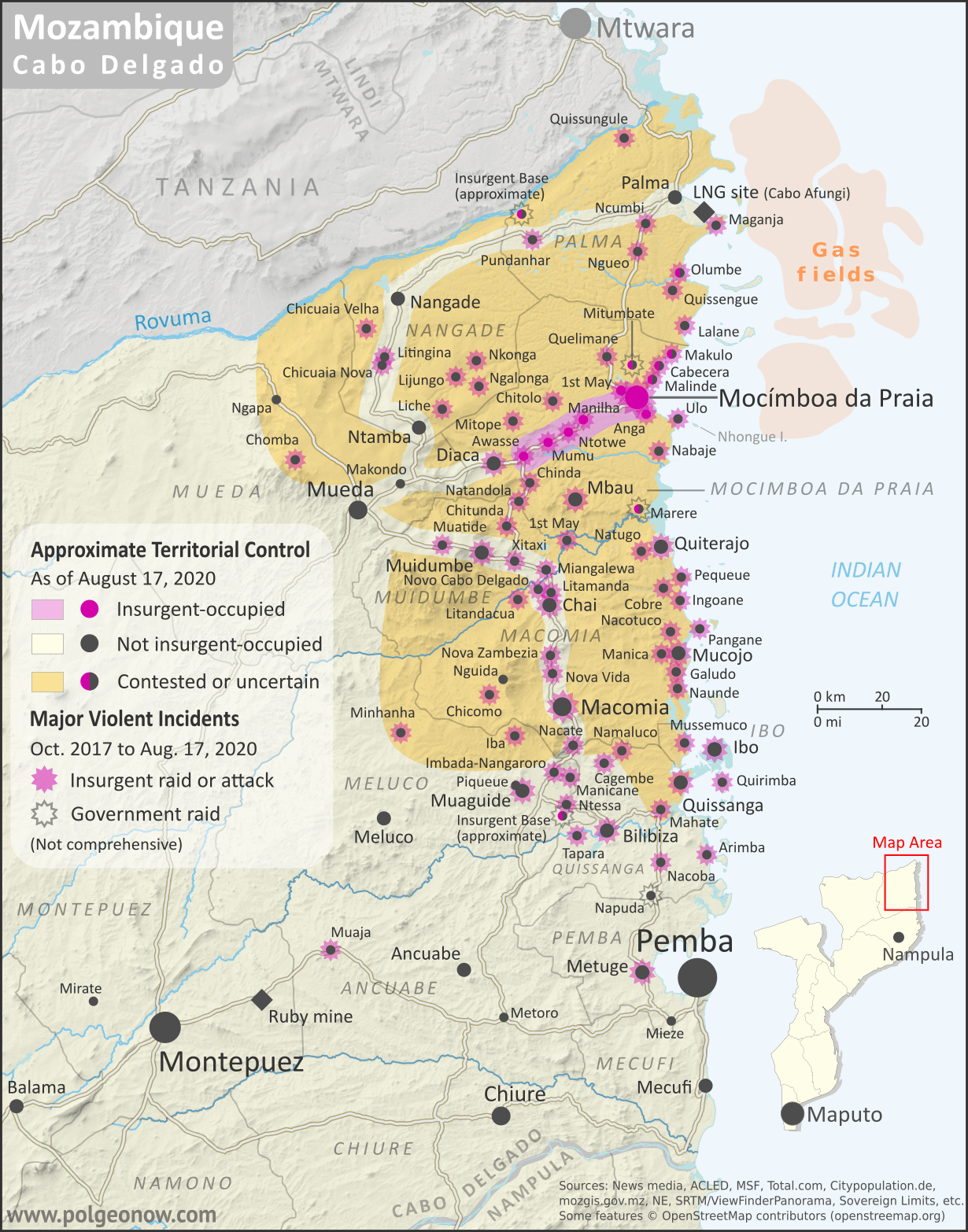 Mozambique: Cabo Delgado insurgency map - October 2017 to August 2020: Detailed, close-up control map showing areas occupied by so-called ISIS-linked rebels in northern Mozambique (also known as Ahlu Sunnah Wa Jama, ASWJ, or Ansar al-Sunnah), plus towns and villages raided by the insurgents over the past three years. Shows roads, rivers, and terrain, and includes key locations of the insurgency such as Mocímboa da Praia, Awasse, Macomia, the Total LNG site and natural gas fields, Miangalewa, Litingina, Ntessa, Cagembe, Marere, Makulo, and many, many more. Colorblind accessible.
