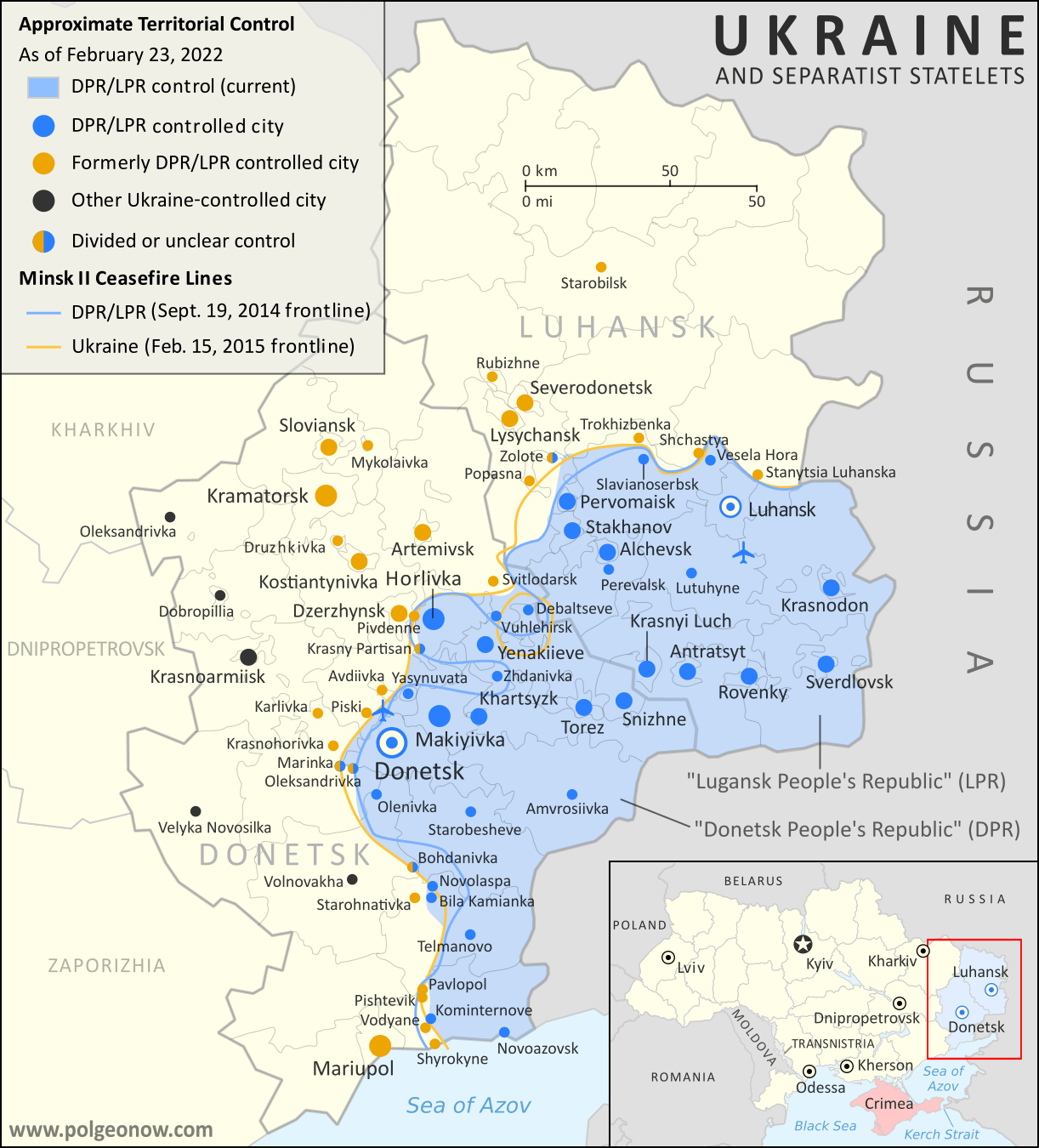 Map of territorial control and frontlines in the Donbass region of Donetsk and Luhansk, internationally recognized as part of eastern Ukraine but partly controlled by the breakaway Donetsk People's Republic and Lugansk People's Republic. Updated for September 2020, with Minsk ceasefire lines shown. Colorblind accessible.