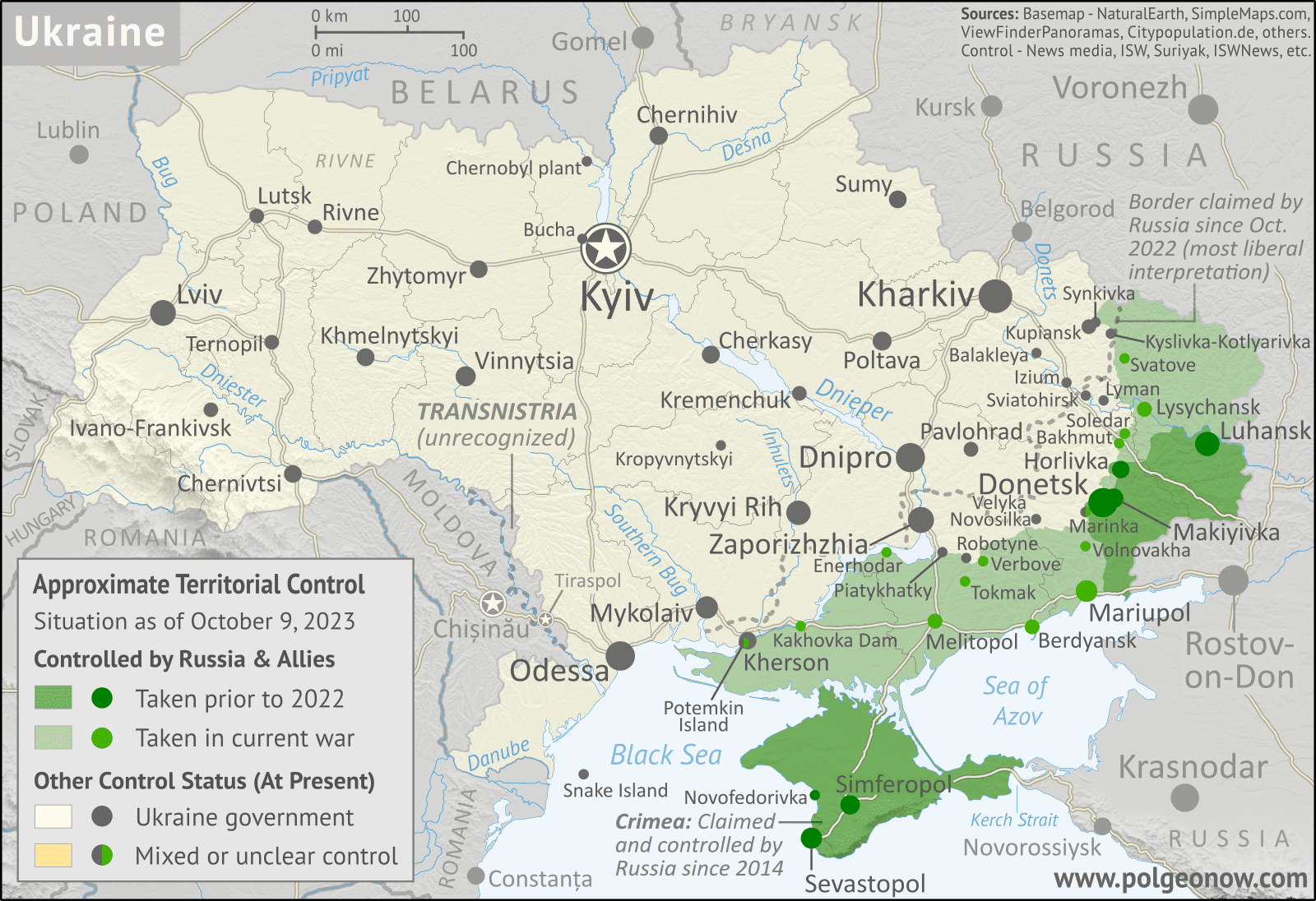 Map of Russian-controlled territory in Ukraine on October 9, 2023. In addition to the Crimean peninsula, which Russia had already seized in 2014, and parts of the far eastern Donetsk and Luhansk provinces (the Donbas region) already controlled by Russia-backed separatist rebels (and formerly declared independent as the Donetsk and Lugansk People's Republics), Russian forces still controlled a wide belt of territory just north of Crimea, including large parts of Kherson and Zaporizhzhia provinces, as well as large additional areas of Donetsk and Luhansk provinces. Meanwhile, all of those provinces are now claimed by the Russian government as parts of Russia, creating a new claimed international border through what was until recently undisputed eastern Ukraine. From August to October 2023, Ukraine made some small advances, capturing two or three significant towns from Russian forces. Map includes key locations from the news, such as Robotyne, Synkivka, Sevastopol, Verbove, and more. Colorblind accessible.