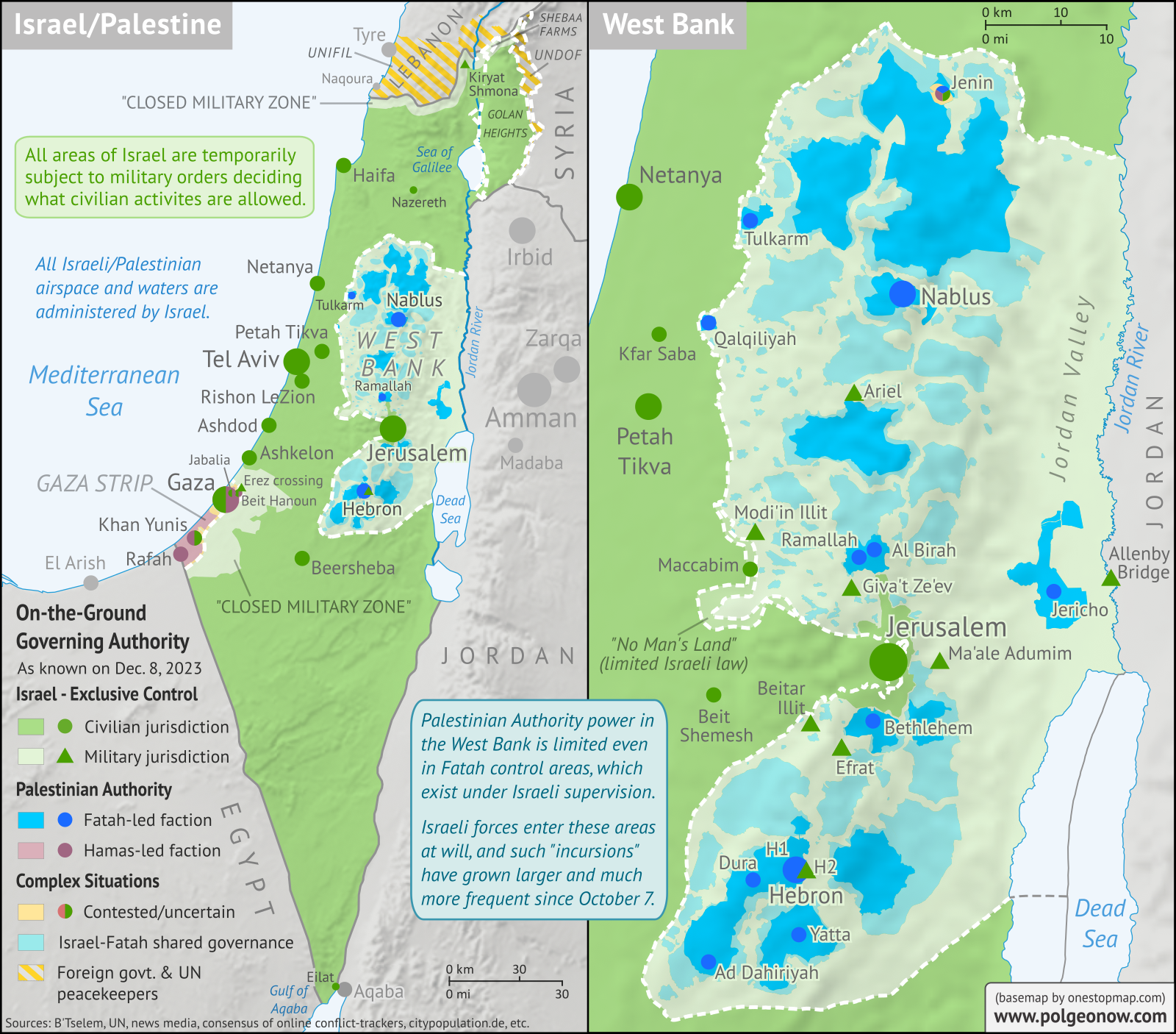 Click to enlarge Map of who controlled Palestine and Israel's claimed territories early on December 8, 2023, one month into the Israeli (IDF) ground invasion of the Gaza Strip, and a week after the end of the humanitarian pause (ceasefire/truce). Shows both Israeli and Palestinian Authority administration (Fatah and Hamas factions indicated separately). Includes bigger West Bank map (Area A, Area B, and Area C). Map also includes Gaza Strip, Golan Heights, major cities and Israeli settlements, UN peacekeeper deployments (UNIFIL in Lebanon and UNDOF in Syria), no man's land, Golan Heights buffer zone (area of separation, AOS), and Shebaa Farms. Now also shows Israel's closed military zones (closed military areas) and key towns and sites from the news, like Gaza City, Khan Yunis, Beit Hanoun, Jabalia, Erez Crossing, Jenin, and Kiryat Shmona (Qiryat Shemona). Now with improved colorblind accessibility.