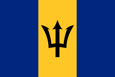 Flag of Barbados: Three equal vertical bars of dark blue, gold, and dark blue, with a large black trident in the middle of the gold bar