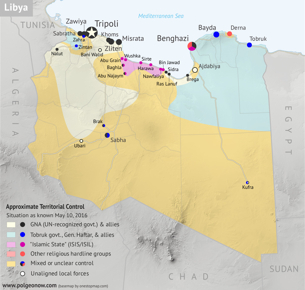 Libya control map: Shows detailed territorial control in Libya's civil war as of May 2016, reflecting the political realignment after UN peace deal, including all major parties (Government of National Accord (GNA), Tobruk House of Representatives, General Haftar's Libyan National Army, Zintan militias, Petroleum Facilities Guard (PFG); Tripoli GNC government, Libya Dawn, and Libya Shield Force; Shura Council of Benghazi Revolutionaries and other hardline Islamist groups; and the so-called Islamic State (ISIS/ISIL)). Also file under: Map of Islamic State (ISIS or ISIL) control in Libya. Now includes terrain and major roads. Color blind accessible.