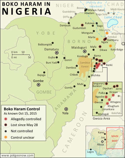 Detailed map of Boko Haram (Islamic State West Africa Province - ISWAP) territorial control in its war with Nigeria, marking each town reportedly under the group's control in October 2015. Includes locations such as Dikwa, Banki, the Sambisa Forest, and targeted areas on Lake Chad and the borders of Cameroon and Niger.