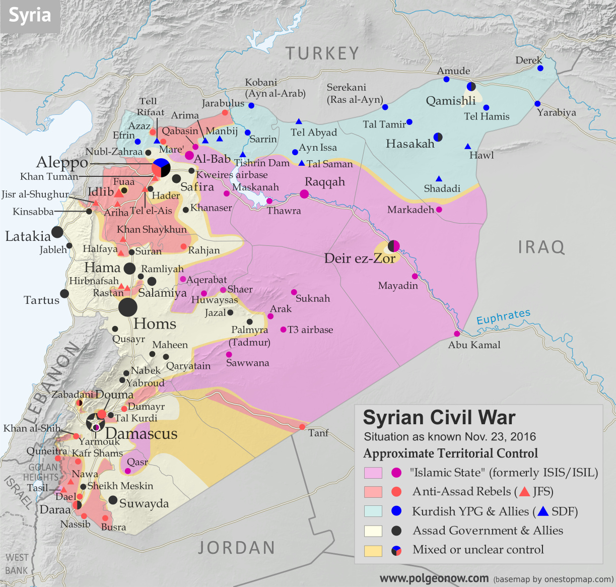 Map of fighting and territorial control in Syria's Civil War (Free Syrian Army rebels, Kurdish YPG, Syrian Democratic Forces (SDF), Jabhat Fateh al-Sham (Al-Nusra Front), Islamic State (ISIS/ISIL), and others), updated to November 23, 2016. Now includes terrain and major roads (highways). Includes recent locations of conflict and territorial control changes, such as Al-Bab, Khan al-Shih, Tal Saman, Qabasin, and more. Colorblind accessible.