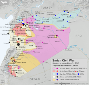 Map of the territorial control (Assad government, Islamic State/ISIS/ISIL, rebel, SDF, and Kurdish) in the Syrian Civil War as of April 2016